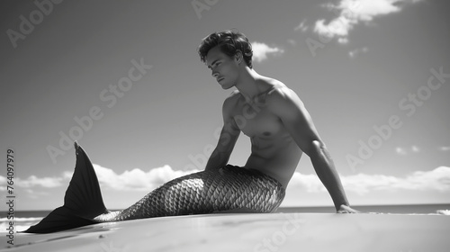 Monochrome 1960s style male mermaid / merman with intricate tail on a beach.  photo