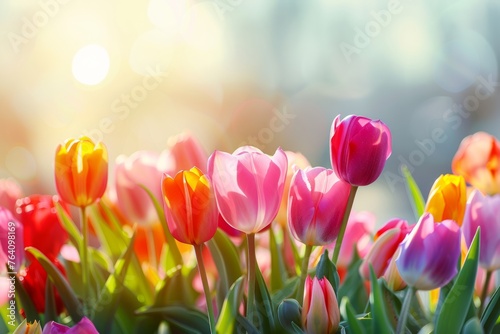colorful tulips flower background, spring outdoor mood, pastel color wallpaper patter, sunny day light, pastel meadows theme concept #764098169