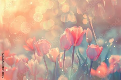 colorful tulips flower background, spring outdoor mood, pastel color wallpaper patter, sunny day light, pastel meadows theme concept #764098190