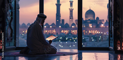 A man reading the Quran with a mosque in the background generative ai
