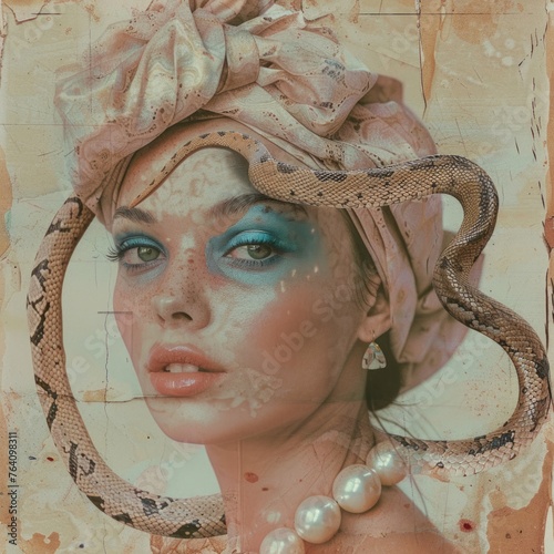 snake wrapped around the head of a retro elegant woman with pearl earrings and minimal pastel background, vintage collage