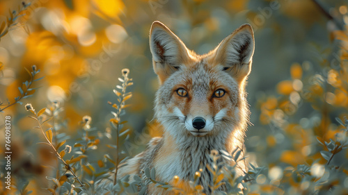 A fox is standing in a field of yellow flowers