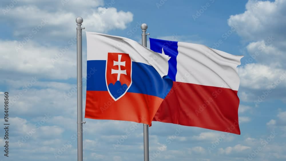 Chile and Slovakia two flags waving together, looped video, two country relations concept Chile and Slovakia two flags waving together, looped video, two country relations concept