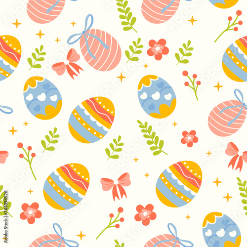 Easter colored eggs simple pattern. Easter eggs seamless pattern with flowers and pink Bow. Easter symbol, decorative vector elements.	
