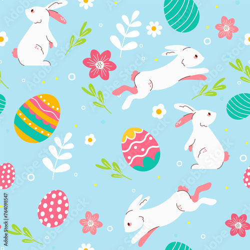 Seamless pattern with Easter bunnies and eggs. Cute rabbits. Easter symbol  decorative vector elements. Easter colored simple pattern. Easter eggs and hand drawn texture Vector