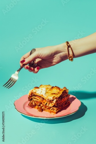 pop style food illustration of a female hand with red nails holding a fork to eat a lasagna in apink plate, blue vibrant minimal background