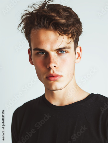 Portrait of young man looking at the camera against a white background