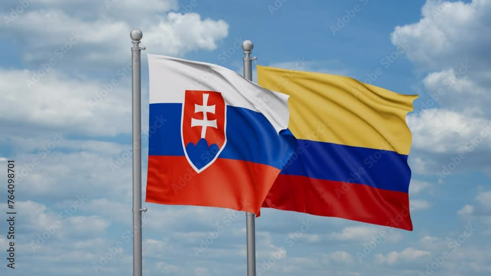 Colombia and Slovakia two flags waving together, looped video, two country cooperation concept