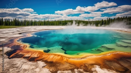 View of the multicolored Opal Pool in Yellowstone National Park with blue skies