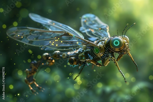 Technodragonfly hovering, closeup, metallic body, saturated green background © Premyuda