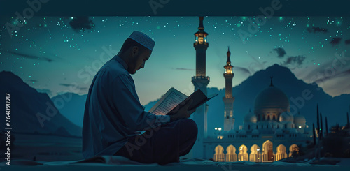 A man reading the Quran with a mosque in the background generative ai