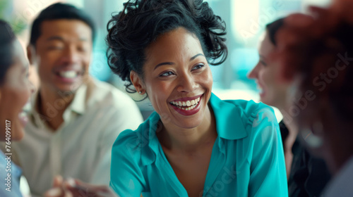 A woman is laughing joyfully during a meeting with colleagues.