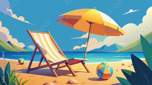 Beach umbrella with chairs, inflatable ring on beach sand. 
