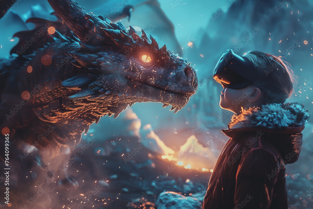 A child in VR glasses experiences a close encounter with a dragon - obrazy, fototapety, plakaty 