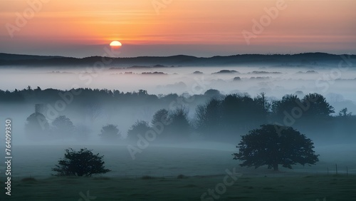 Soft mist envelops the landscape in a tranquil morning haze photo