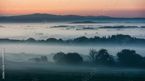 Soft mist envelops the landscape in a tranquil morning haze photo