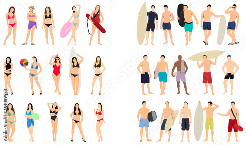 Active people diving  swim and surfing. Summer people swimming vector illustration
