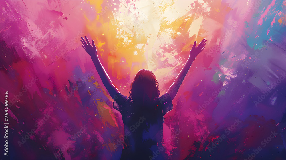 A woman raises her hands to worship and praise god in a Christian illustration with a purple and pink background. - obrazy, fototapety, plakaty 