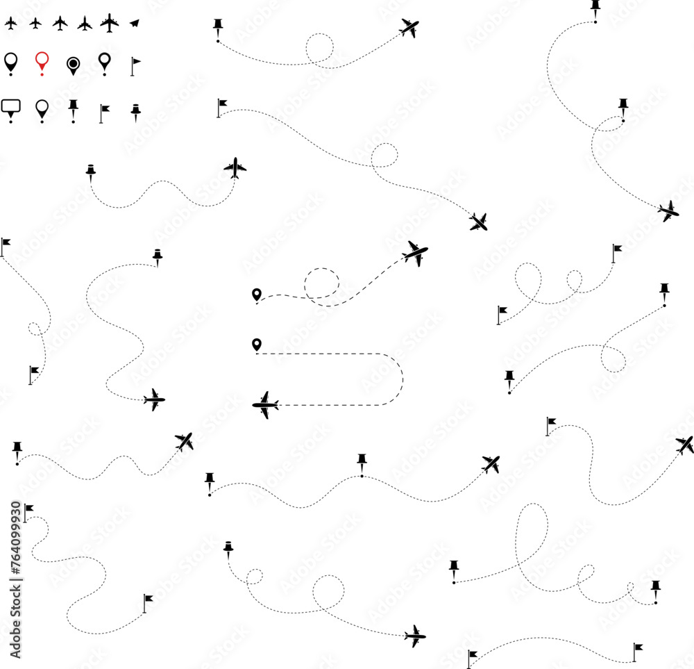 Airplane line path vector icon of air plane flight route with start point and dash line trace - vector illustration Airplane line path vector icon of air plane flight route with start point and dash line trace - vector illustration