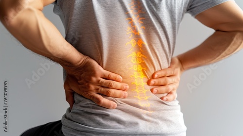 A person suffering from Back Pain. glow on spine of bad posture, office syndrome backache, and stress of the body. photo