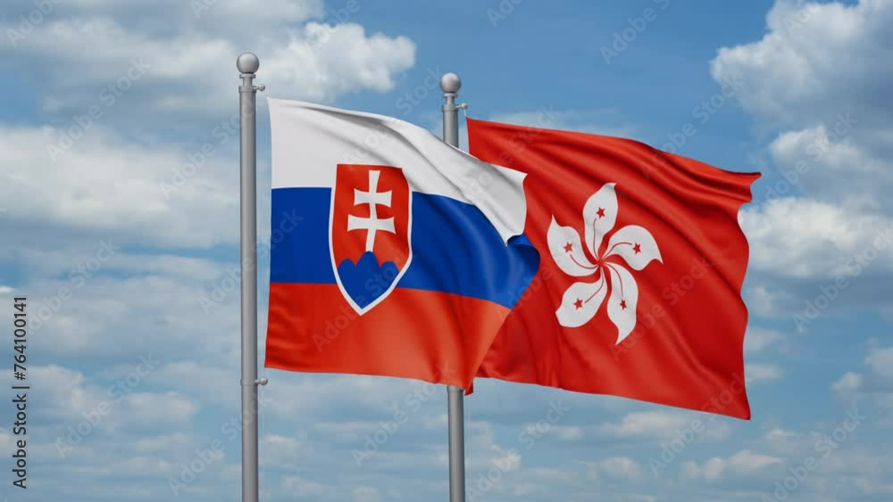 Hong Kong and Slovakia two flags waving together, looped video, two country relations concept Hong Kong and Slovakia two flags waving together, looped video, two country relations concept
