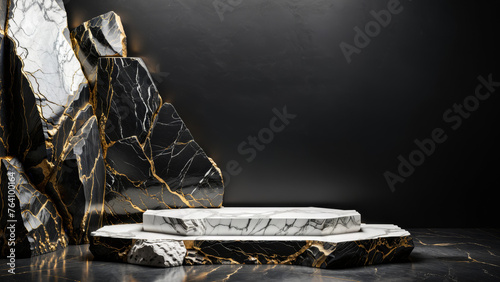 Black Marble Product Display Background, Black stone podium, marble rock product display, dark stand platform abstract stage scene studio, Black Stone wall, pedestal geometric marble showcase