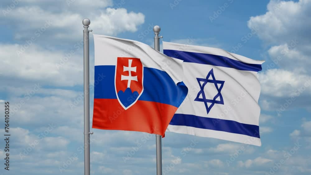 Israel and Slovakia two flags waving together, looped video, two country relations concept Israel and Slovakia two flags waving together, looped video, two country relations concept
