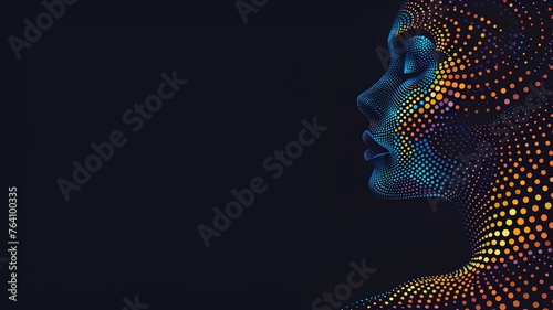 Abstract dot painting woman's portrait on black background. Pointillism and contemporary art concept. Digital illustration for poster, banner with copy space
