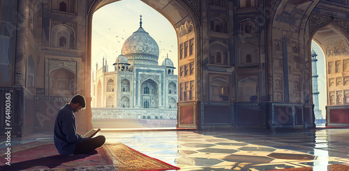 A muslim man reading the holy quran in a mosque, a view of the taj mahal from a window, in the style of a cartoon with soft lighting, a wide shot, in a cinematic style, generative ai