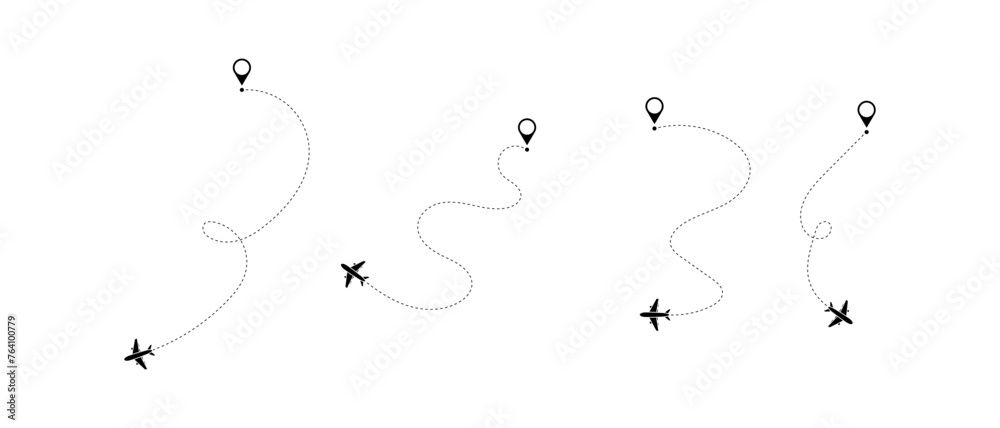 Airplane line path vector icon of air plane flight route with start point and dash line trace - vector illustration - obrazy, fototapety, plakaty 