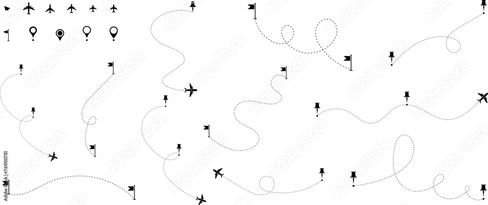 Airplane line path vector icon of air plane flight route with start point and dash line trace - vector illustration Airplane line path vector icon of air plane flight route with start point and dash line trace - vector illustration