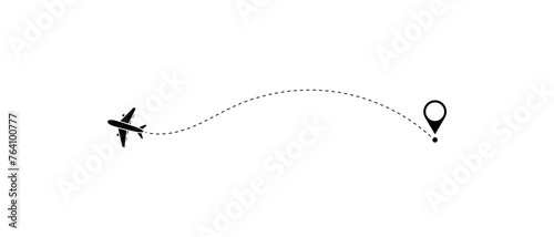 Airplane line path vector icon of air plane flight route with start point and dash line trace - vector illustration