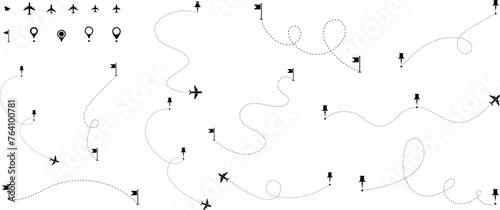 Airplane line path vector icon of air plane flight route with start point and dash line trace - vector illustration
