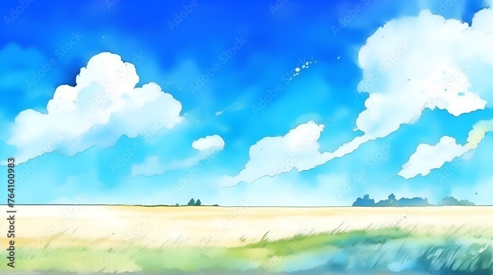 abstract watercolor oil landscape illustration with blue sky and anime style
