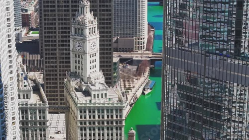 Skyline Spectacular: St. Patrick's Day 2024 in Chicago - Aerial View featuring Wrigley Building photo