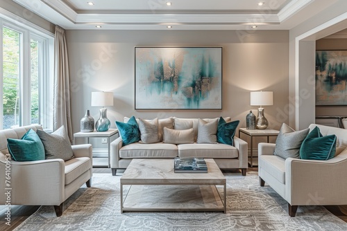  Luxurious neutral-toned living room with teal accents