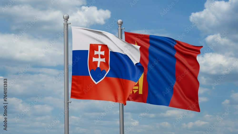 Mongolia and Slovakia two flags waving together, looped video, two country cooperation concept Mongolia and Slovakia two flags waving together, looped video, two country cooperation concept