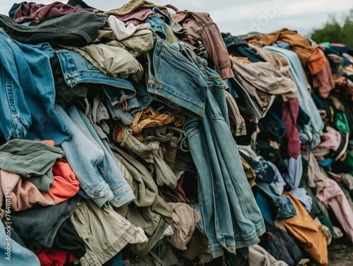 A large, colorful heap of mixed used clothes.