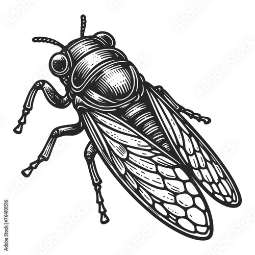 Cicadidae cicada insect animal sketch engraving generative ai fictional character vector illustration. Scratch board imitation. Black and white image. T-shirt apparel print design. 