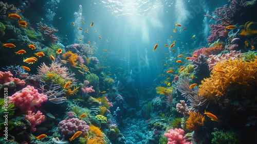 A colorful coral reef with many fish swimming in it