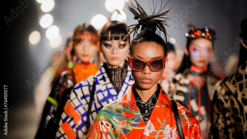 Striking model with sunglasses leading a lineup of diverse fashion models on a lit runway during a high-profile fashion show.