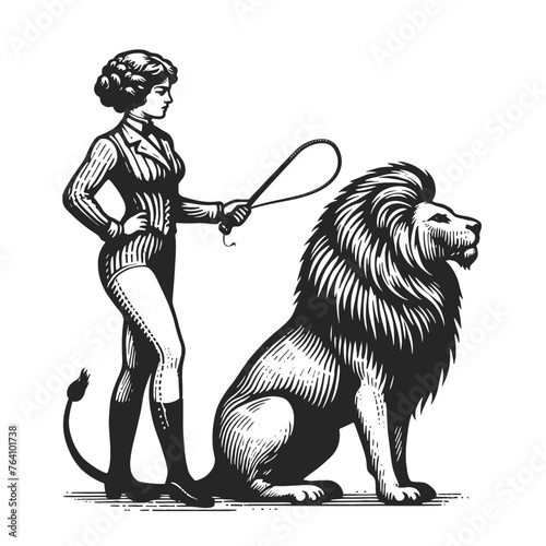 lion tamer in a classic performance pose with a majestic lion sketch engraving generative ai fictional character vector illustration. Scratch board imitation. Black and white image.