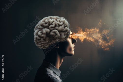 Conceptual image of a man with an exposed brain and fire from his eyes