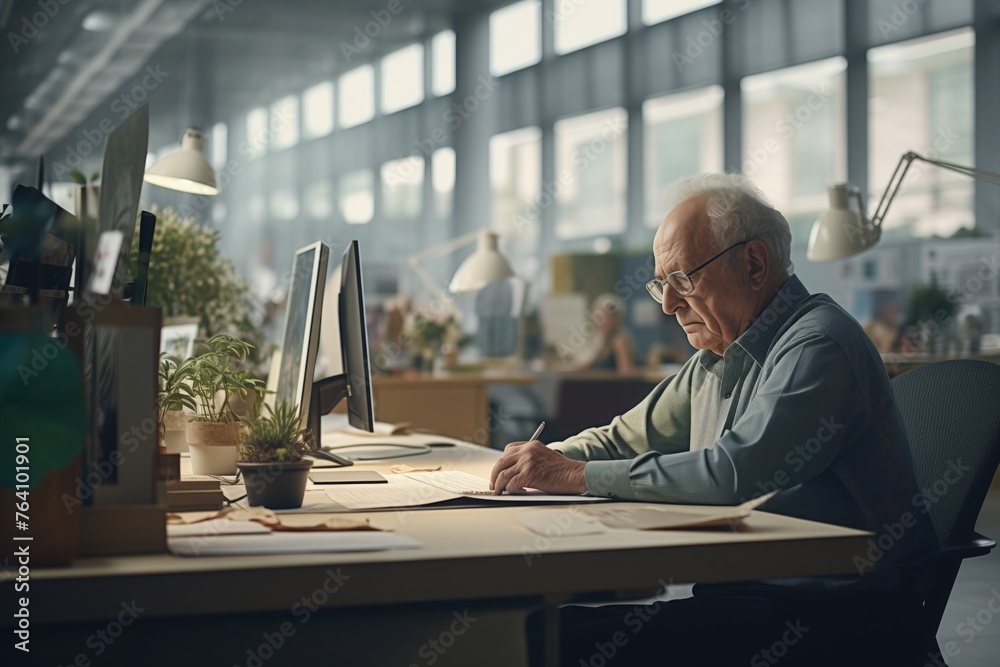 An elderly man works at a computer in a modern office. Ageism concept An elderly man works at a computer in a modern office. Ageism concept