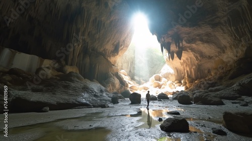 Inside the large karst caves of Prometheus near Kutaisi in Georgia. AI generated