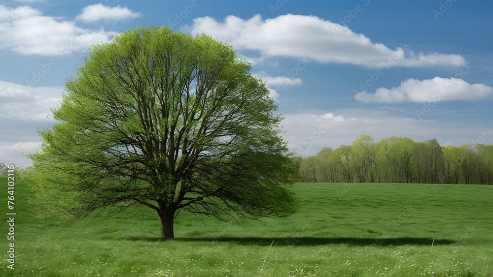 Springtime scene features a flourishing tree in a verdant pasture Springtime scene features a flourishing tree in a verdant pasture