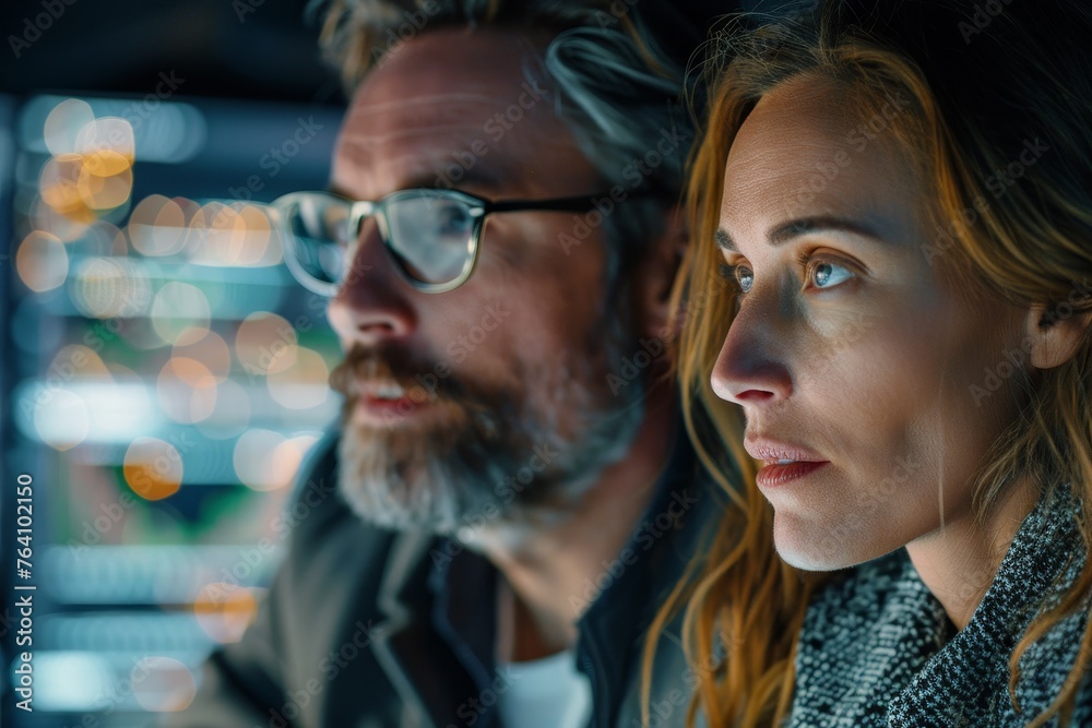 A close-up portrait of two tech workers, engaged in a serious conversation, with digital screens softly illuminated in the background. A close-up portrait of two tech workers, engaged in a serious conversation, with digital screens softly illuminated in the background.