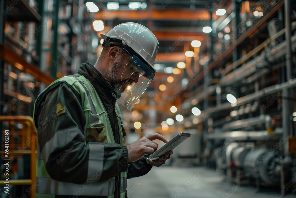 Industrial Engineer Inspecting Manufacturing Facility Using Digital Tablet