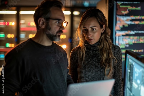 A man and woman work closely, analyzing data on a laptop in a workspace alive with the dynamic energy of illuminated server racks.