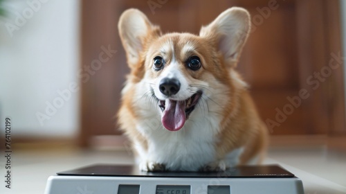 Corgi with a hilariously shocked expression on a weight scale realizing its not just fluff